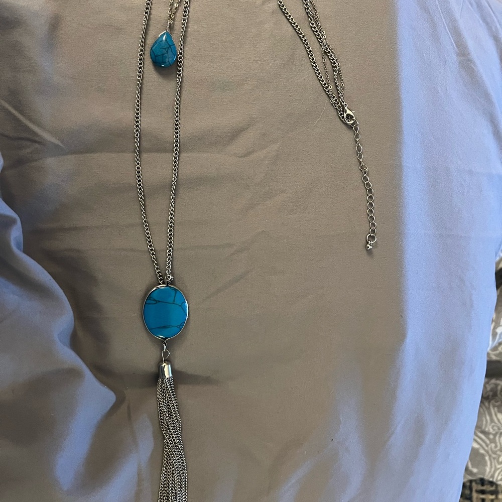 Turquoise Pendant Multi Strand Necklace with Silver Tone Chains